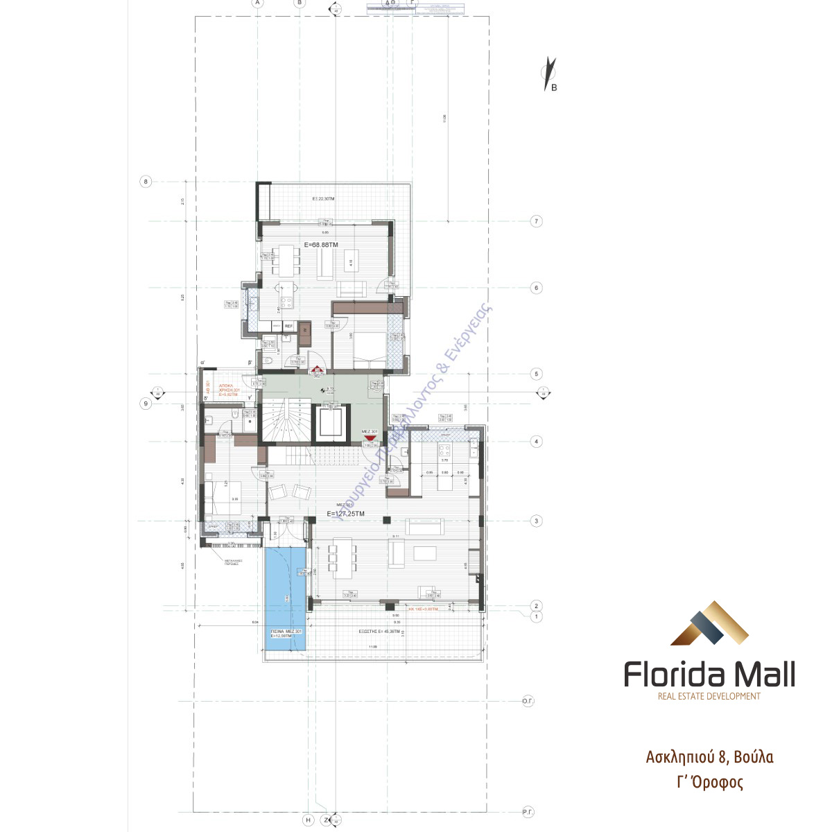 Floor plan of a multi-room residence showing living areas, kitchen, bedrooms, and outdoor pool area; Florida Mall logo.