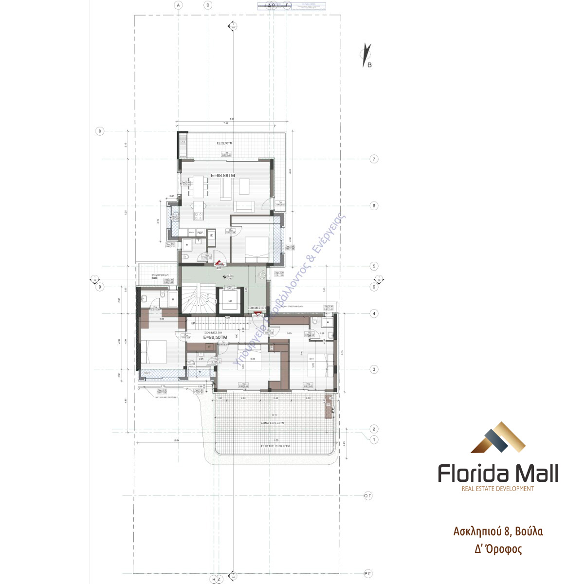 Architectural floor plan of the fourth floor showing apartment layout with living areas, bedrooms, kitchens, bathrooms, stairs and elevator access, including exterior patio and grid lines.