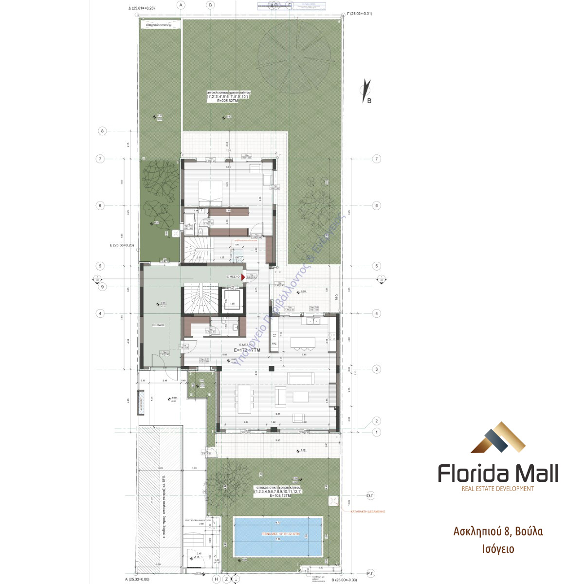 Site plan of a building with surrounding gardens and a pool, for the Florida Mall development project (Asklipiou 8, Voula).